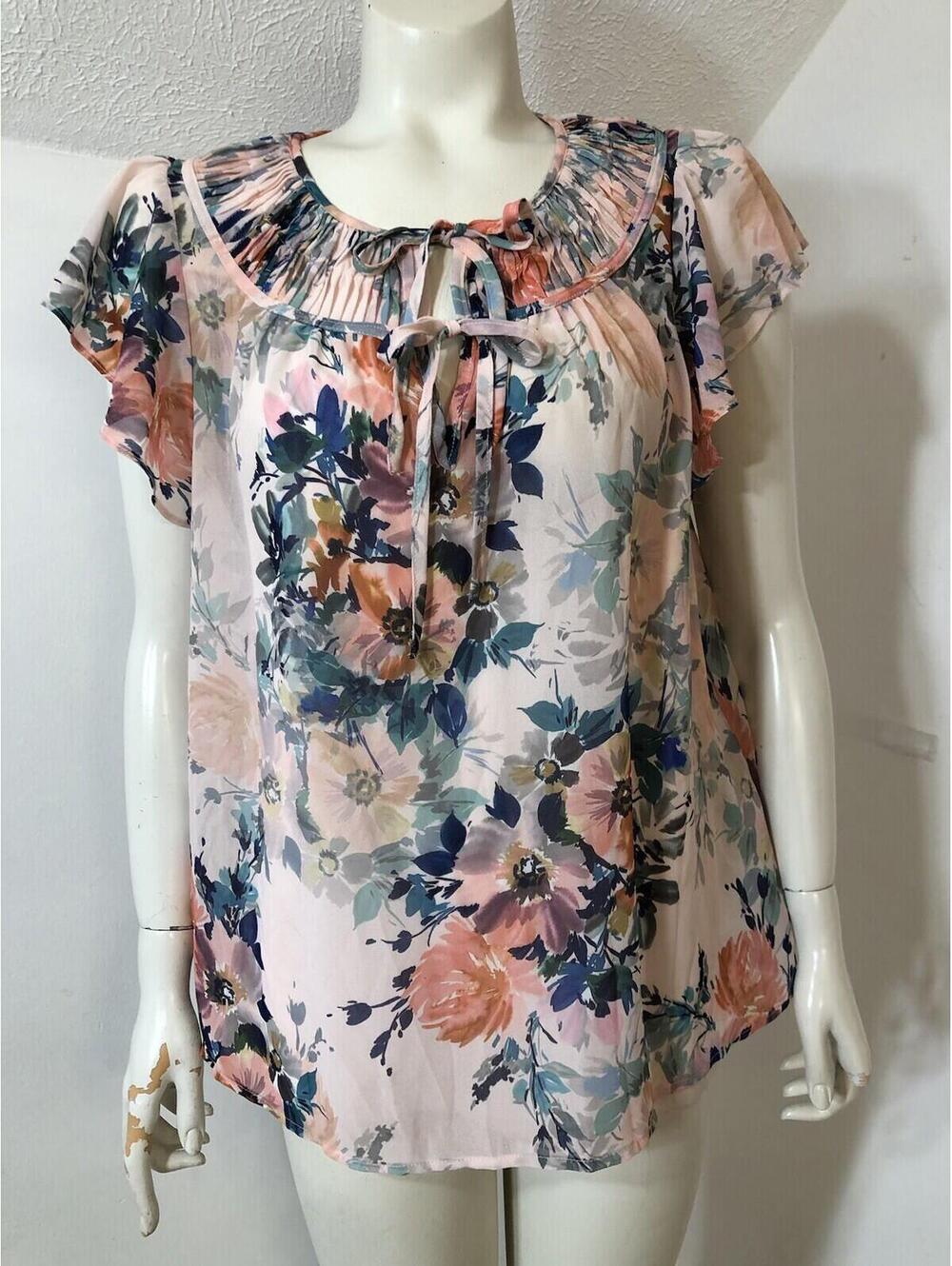 Lovestitch  Womens Large Two Piece Top Ruffle Sleeves Pleated Yoke Floral Ties